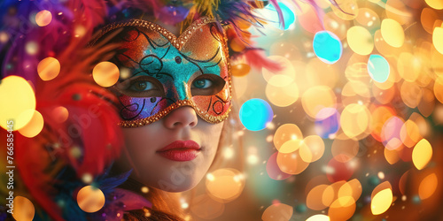 A mysterious figure dons a vibrant Venetian mask against a backdrop of enchanting bokeh lights
