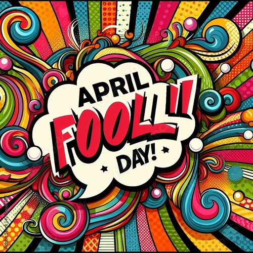 April Fool's Day pop art comic banner template. Vector funny postcard. Decorative swirl stripes background for april fool's holiday in bright juicy colors created with generative ai