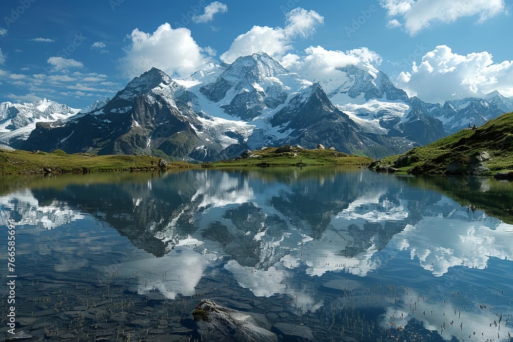 Serene mountain lake reflecting majestic snow-capped peaks, tranquil landscape photography