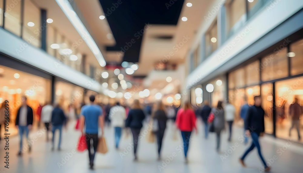 Blurred crowd walking in the street. Blurred background of a modern shopping mall, motion blur. blurred shoppers with shopping bags  created with generative ai