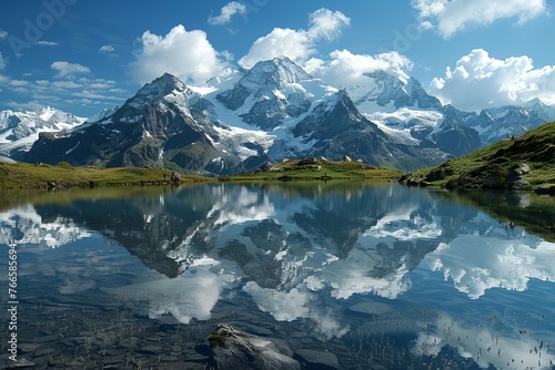 Serene mountain lake reflecting majestic snow-capped peaks, tranquil landscape photography
