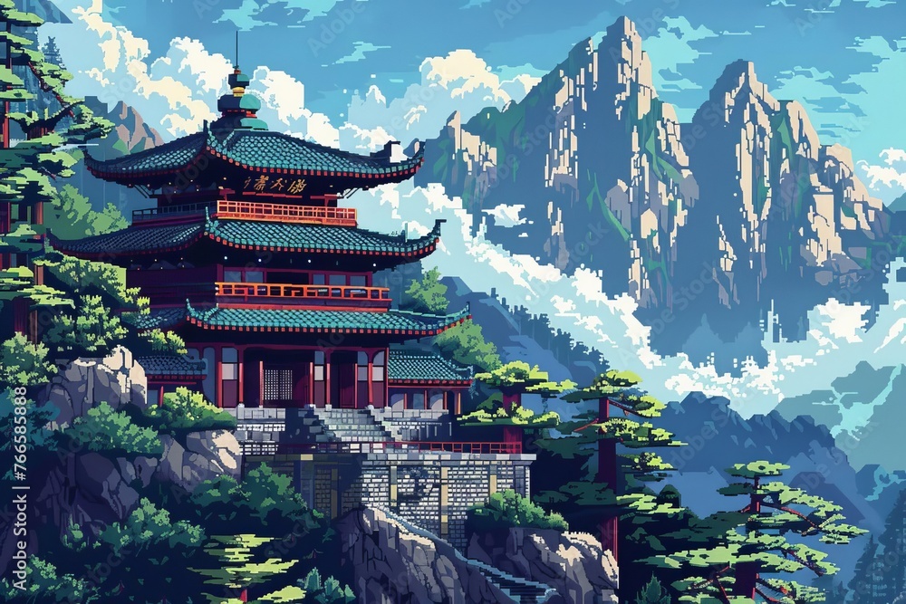 Serene Buddhist Monastery Nestled in Mountains, Pixel Art Landscape, Tranquil Spiritual Retreat, 8-bit Game Style Scenery - obrazy, fototapety, plakaty 