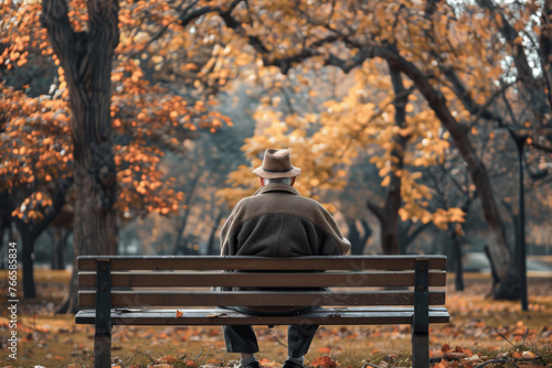 Demographic aging. A single elderly person sitting on a bench in a quiet park, reflecting demographic aging