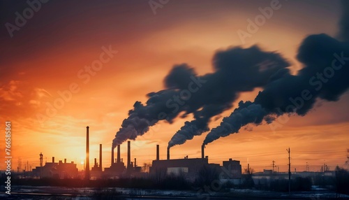 Factory of industry in dramatic sunset over industrial area with smoke from chimneys, post-apocalyptic scene created with generative ai 