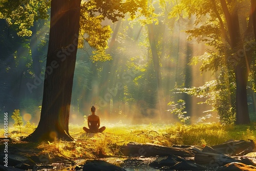A peaceful meditation session in a sunlit forest, where rays of light pierce through the trees, creating a serene and mystical atmosphere for contemplation.