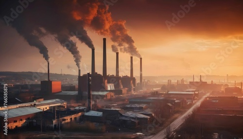 Factory of industry in dramatic sunset over industrial area with smoke from chimneys, post-apocalyptic scene created with generative ai	