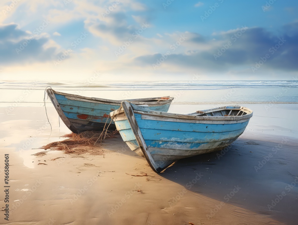wooden boats resting on the sandy shore. They're like old friends taking a break! Their smooth curves tell stories of adventures at sea. Seagulls sing overhead as waves gently kiss the shore 