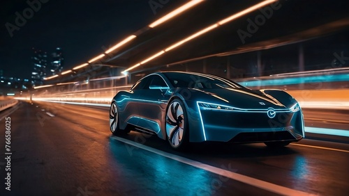 Futuristic EV car on highway with self driving system activated for transportation autonomy concepts, Automotive innovation and technology concepts generative ai 