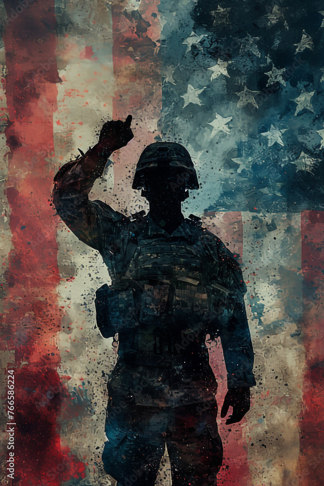 The silhouette of a soldier against the background of the US flag. The American flag. The silhouette of a soldier against the background of the US flag. The American flag.