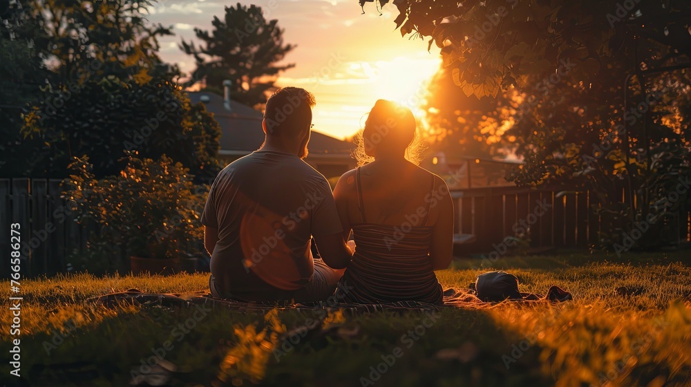 A couple enjoys a tranquil sunset together in a lush backyard, embodying warmth, connection, and the simple pleasure of quiet moments. A couple enjoys a tranquil sunset together in a lush backyard, embodying warmth, connection, and the simple pleasure of quiet moments.