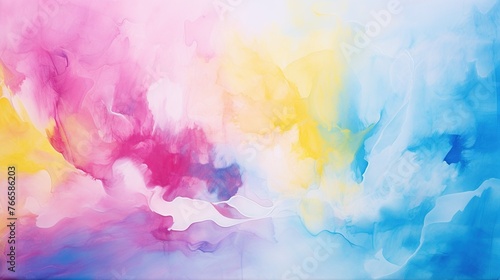 Abstract grunge texture of magenta, blue, white and yellow watercolor background.