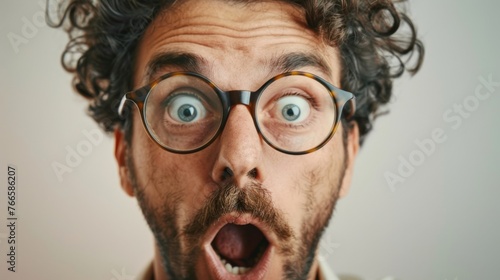 A man's face up close with round glasses magnifying his wide-eyed, open-mouthed expression of utter astonishment and surprise.