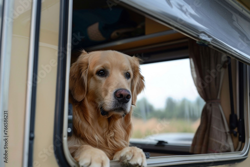 A dog sits in the motorhome and looks at the road. Generative AI