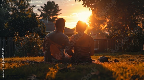 A couple enjoys a tranquil sunset together in a lush backyard, embodying warmth, connection, and the simple pleasure of quiet moments.