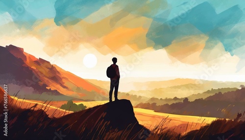 Person standing overlooking landscape, Illustration Style