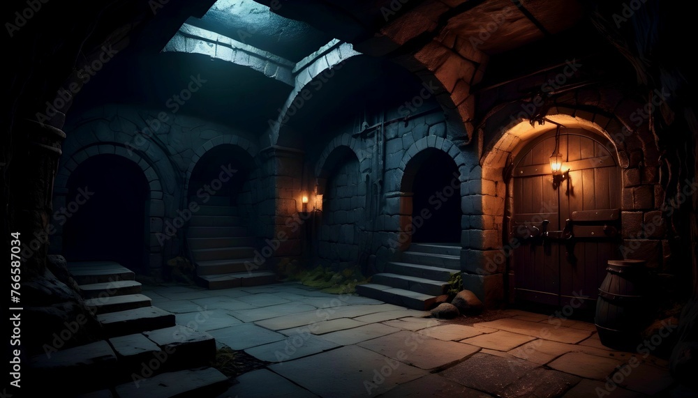 Underground dungeon, fantasy adventure tabletop role play game setting, dark and creepy background created with generative ai	
