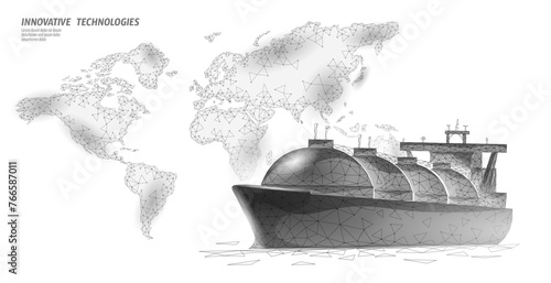  Tanker ship liquified gas transportation symbol. 3D low poly industrial oil refinery technology. Delivery petrol fuel cargo. Ocean LPG tank propane vector illustration