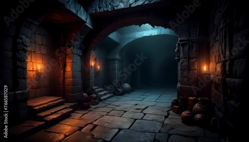 Underground dungeon, fantasy adventure tabletop role play game setting, dark and creepy background created with generative ai 