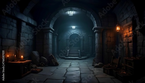 Underground dungeon, fantasy adventure tabletop role play game setting, dark and creepy background created with generative ai 