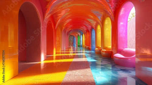 A digitally-rendered hallway with a spectrum of vibrant colors  evoking a dream-like quality perfect for creative backgrounds.