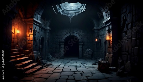 Underground dungeon  fantasy adventure tabletop role play game setting  dark and creepy background created with generative ai  