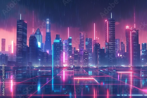 Retro Neon City at Night, 80s Synthwave Style with Glowing Grid and Cityscape, Digital Illustration