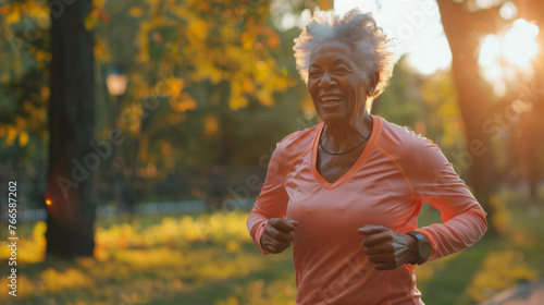 An elderly African American woman with a radiant smile jogs through a park bathed in the warm glow of sunset, promoting an active lifestyle.