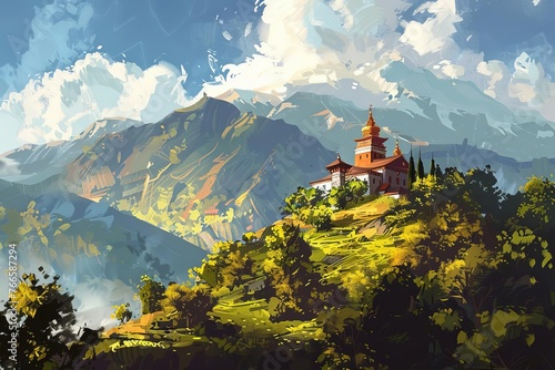 Remote mountain monastery, serene sanctuary illustration, digital painting