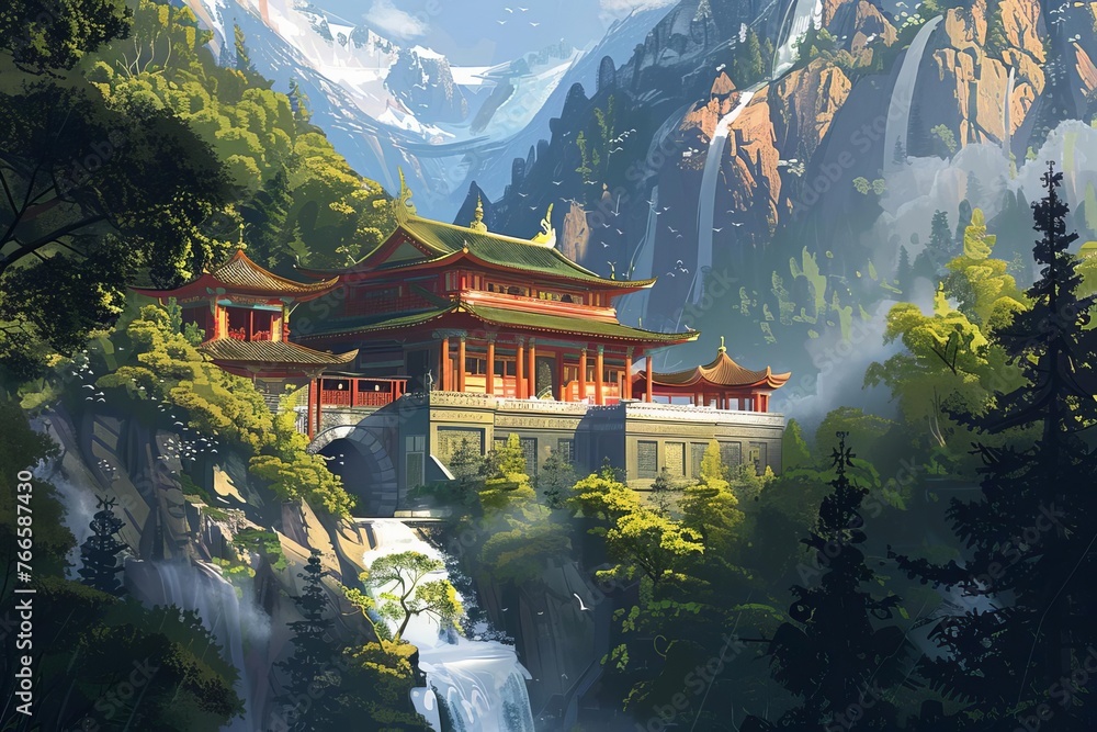 Remote mountain monastery, serene sanctuary illustration, digital painting