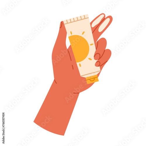 Hands use spf cream. Sunscreen, sunblock product. Skin care and sun protection concept. Isolated vector illustration in cartoon style
