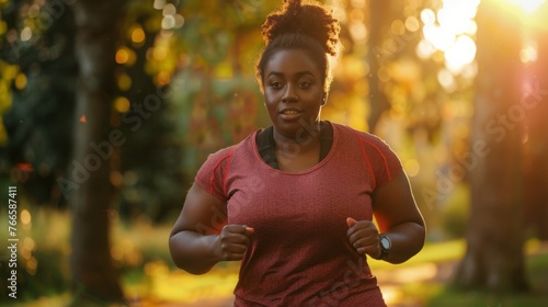 Young woman in a red shirt jogging in the park, sun setting behind her creating a serene end-of-day atmosphere.