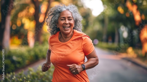 Joyful senior woman with gray hair running outdoors, showcasing active lifestyle and vitality in golden years.