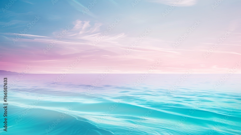Serene sunrise seascape in soft pink and blue tones. Calming seascape with gentle hues evoking peace and tranquility. Idyllic ocean view with tranquil pink and blue sunrise colors.