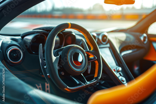 Sports car with vibrant orange and carbon fiber steering. Luxury vehicle cockpit with dynamic color accents. Racing car interior showcasing bold design elements.