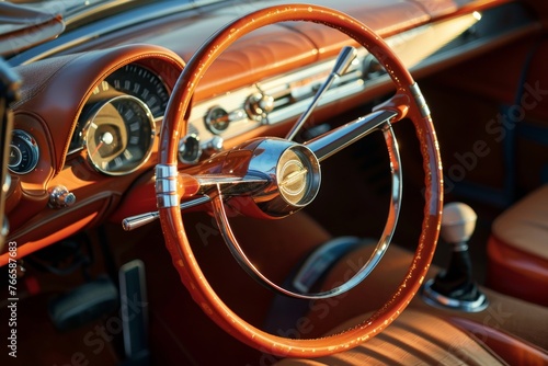 Elegant vintage car interior showcasing a wooden steering wheel. Close-up of a classic car's wooden and chrome steering wheel. Detailed craftsmanship of a retro car's steering and dashboard.