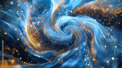 Abstract fluid art piece with a dominant blue color palette and golden accents forming a spiral pattern photo