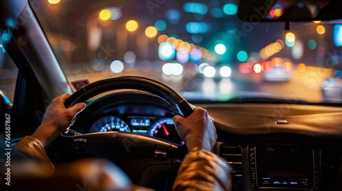 Focused driving through vibrant night streets with illuminated dashboard. Evening urban commute with city lights and clear dashboard view. © Irina.Pl