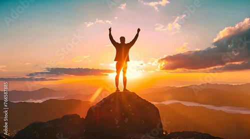 silhouette of man stand and feel happy on the most hight at stand on sunset, teamwork, leader, on plan, success, target, finish, confident, achievement, aim, goal. photo
