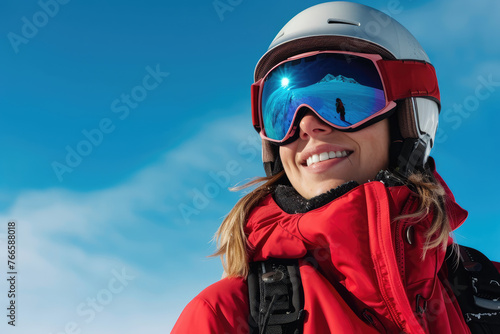 A joyful skier in a red jacket and goggles smiling against a crisp blue sky.