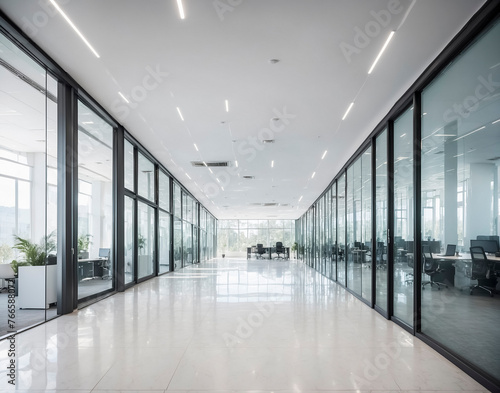 Long corridor in an office with glass walls and doors