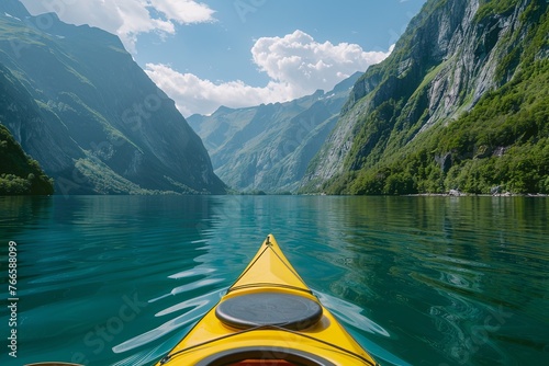 The bow of a yellow kayak slices through the glassy waters of a fjord, mountains soaring into the sky above.
