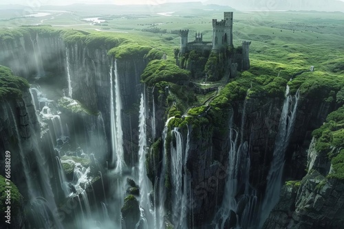 Mysterious elven tower rising amidst cascading waterfalls on vast fantasy plain, aerial view