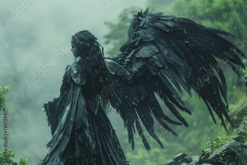Ethereal Morrigan, the goddess of fate and battle, soars through the mist-shrouded battlefield, foretelling the destinies of warriors with her piercing gaze.  Generative Ai.