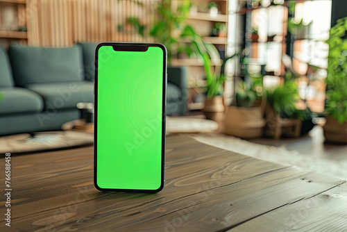 A sleek smartphone stands with a bright green screen in a home environment, embodying the harmony of technology and comfortable living spaces.