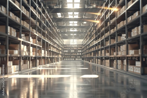 Modern warehouse interior, rows of shelves stocked with boxes, efficient storage solution, 3D illustration