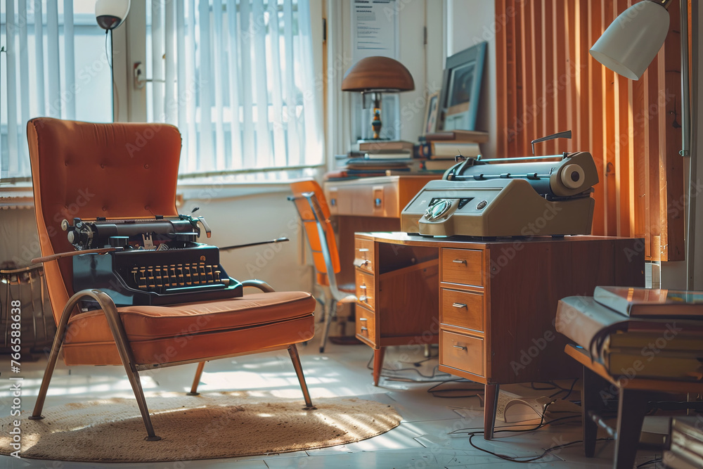 Fototapeta premium Sunlight streams through the blinds, casting a warm glow over a retro study space, complete with a classic typewriter and leather chair, evoking a bygone era of analog creativity.