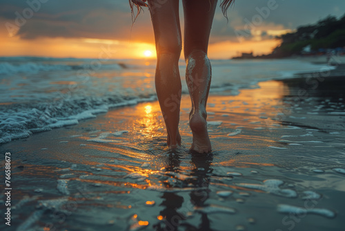 A woman with a prosthetic limb hesitates before stepping onto the beach, battling feelings of inadequacy and self-consciousness about her disability. Generative Ai.