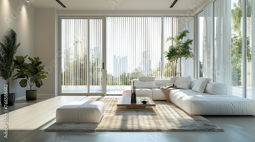 A modern living room with floor-to-ceiling windows covered by sleek white vertical blinds, allowing soft natural light to filter through the slats. Generative AI.