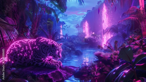 A leopard lounges, bathed in neon light, in a surreal digital jungle where waterfalls glow and foliage shimmers, a tranquil yet electrifying haven from another world. © Maria