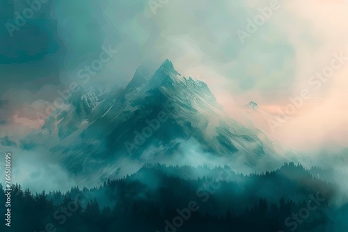Misty mountain landscape with ethereal atmosphere, nature wallpaper illustration, digital painting